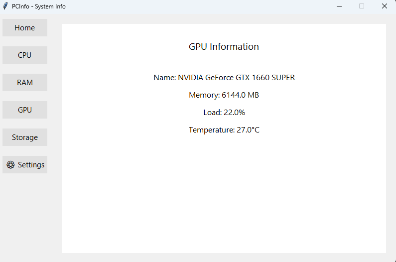 PCInfo application showing system hardware monitoring dashboard